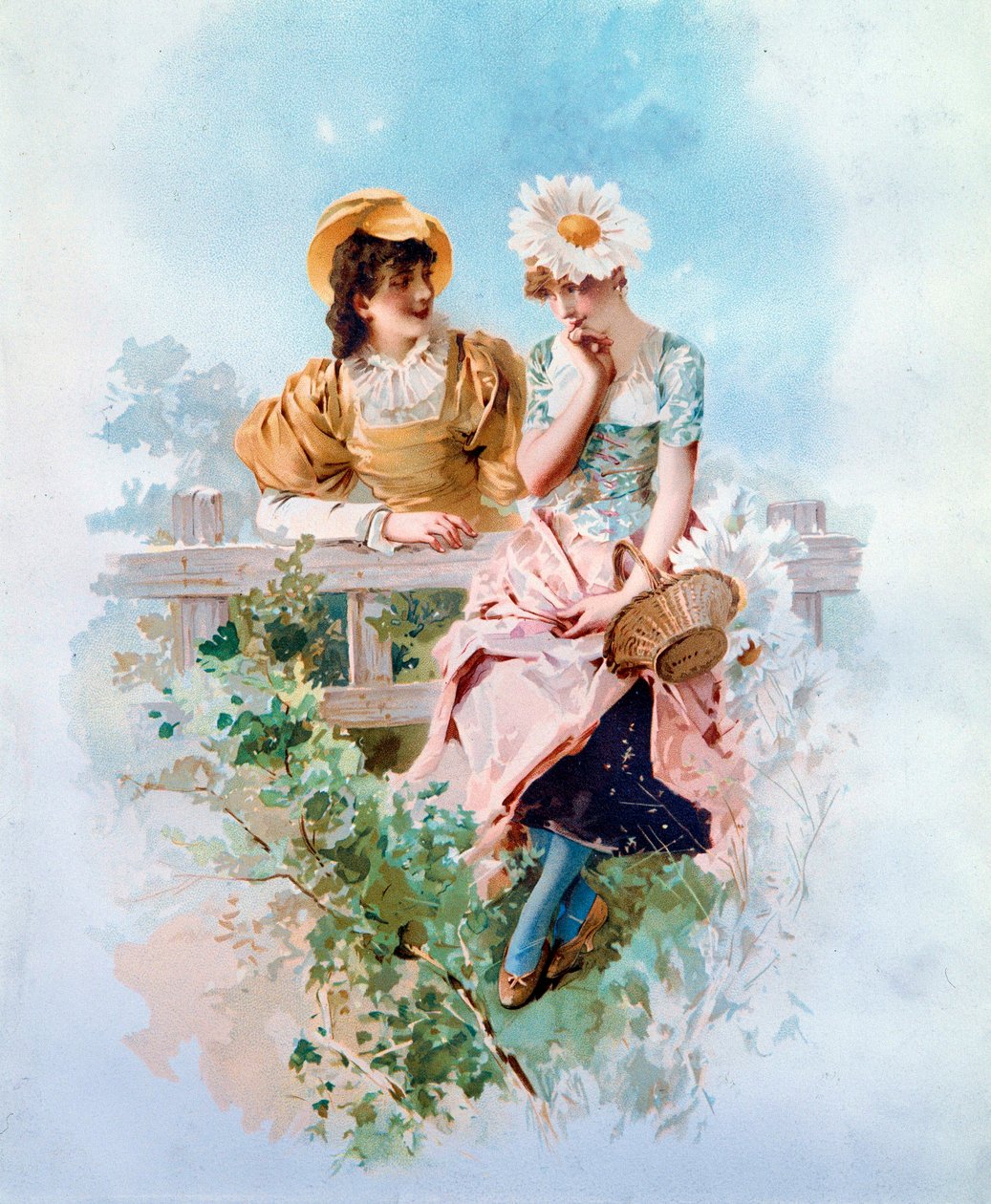 自信 秘密を囁く二人の若い娘。フィリップ・ジャック・リンダーのリトグラフ（1835） 19世紀 個人蔵