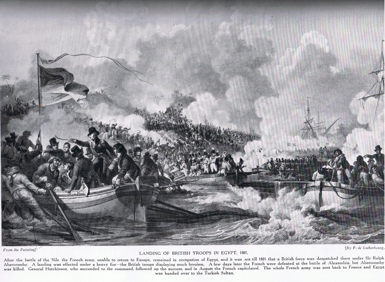 1801年のエジプトでのイギリス軍の上陸、「ハッチンソンの国家の歴史」の図解 作： フィリップ・ジャック・ド・ルーテルブール