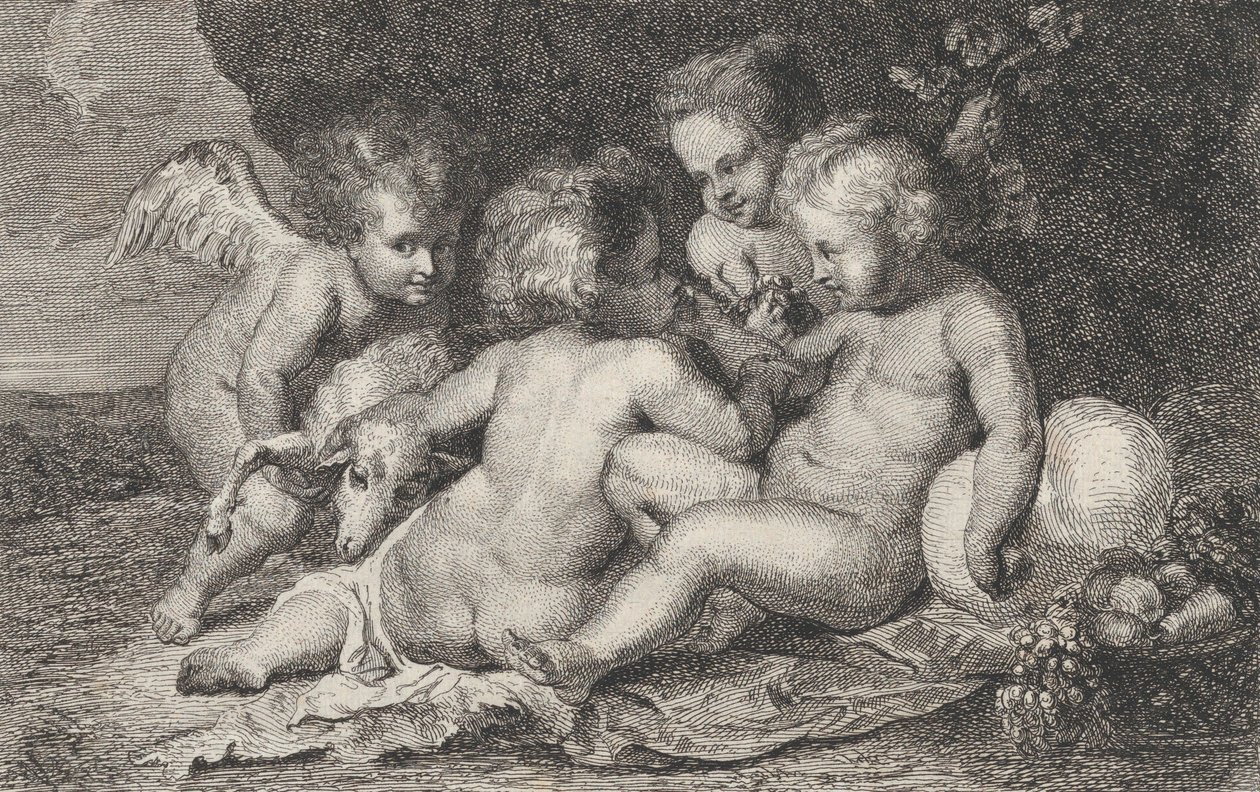 3 人の子供のグループと、フルーツと子羊を乗せたプットー。 1760-1801。 作： フィリップ・ランバートジョセフ・スプルイト