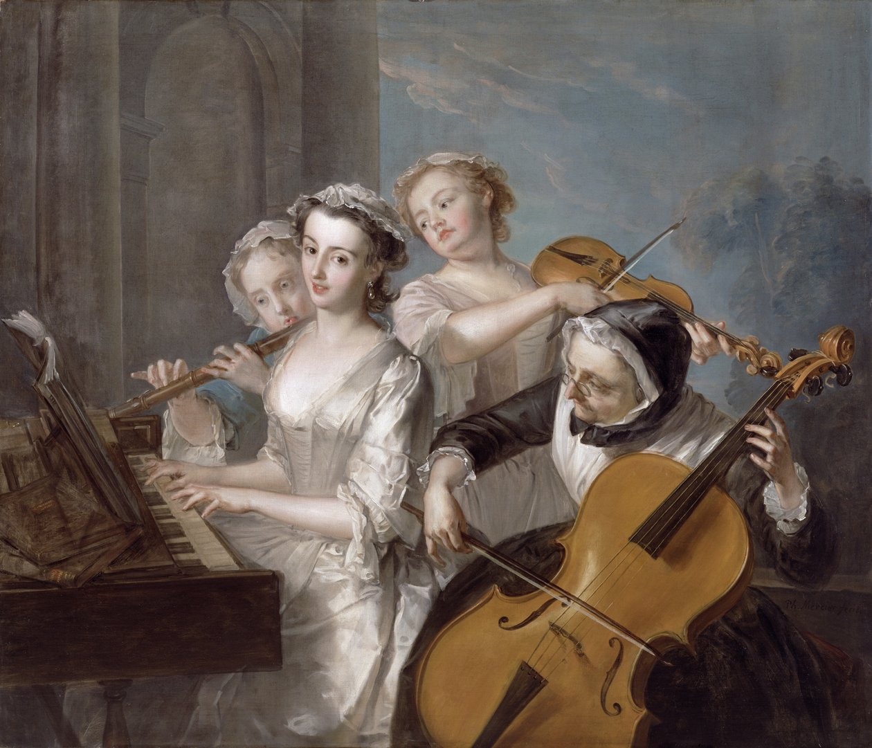聴覚、c.1744-7（キャンバスに油彩） 作： フィリップメルシエ