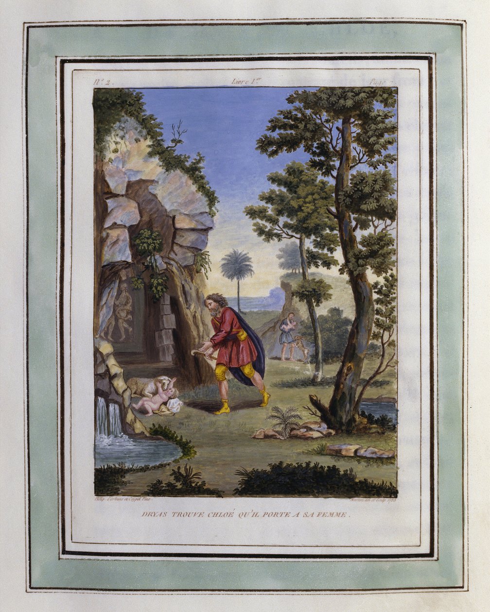 クロエを見つけ、妻のもとに運ぶドライアス。フィリップ・オルレアン(1674-1723)による、ロングス作『ダフニスとクロエの牧歌的な情事』のためのデッサン - 『ダフニスとクロエの牧歌的な情事』1787年版の挿絵 - 『牧歌的な情事』の挿絵。 作： フィリップ ドール (後) オルレアン