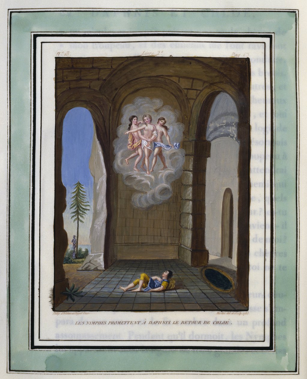 Die Nymphen versprechen Daphnis die Rückkehr von Chloe. Zeichnung von Philippe d