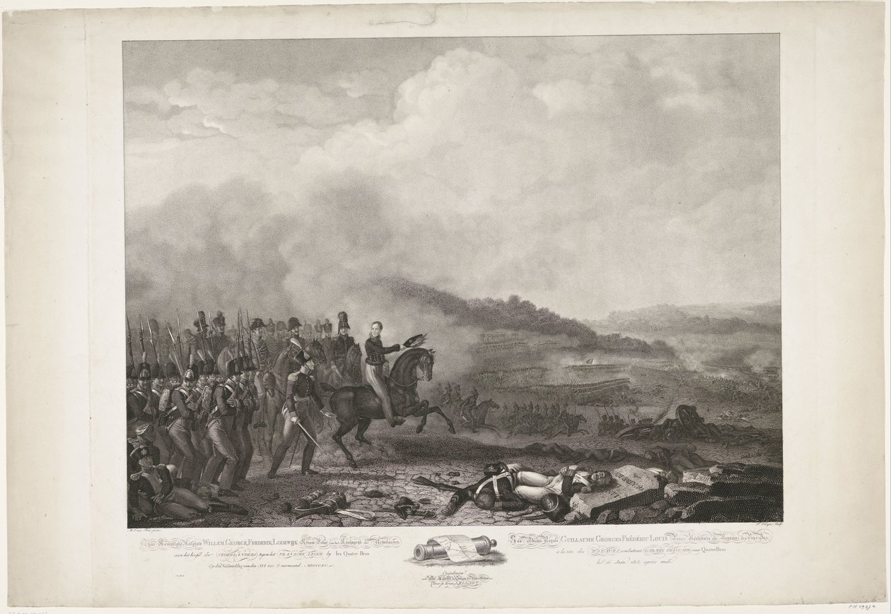カトル＝ブラの戦いでオランダ軍を率いるオラニエ公、1815 年 オランダ王国のヴィレム、ゲオルク、フレデリック、ローデワイク皇太子殿下がフランス軍と対峙するオランダの先頭に立つ 作： フィリップベラム