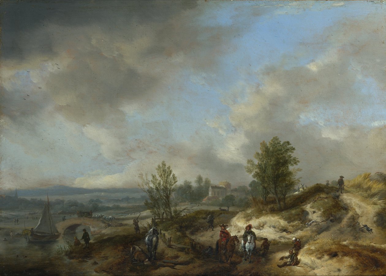 川と多くの人物のいる砂丘の風景 作： Philips Wouwerman