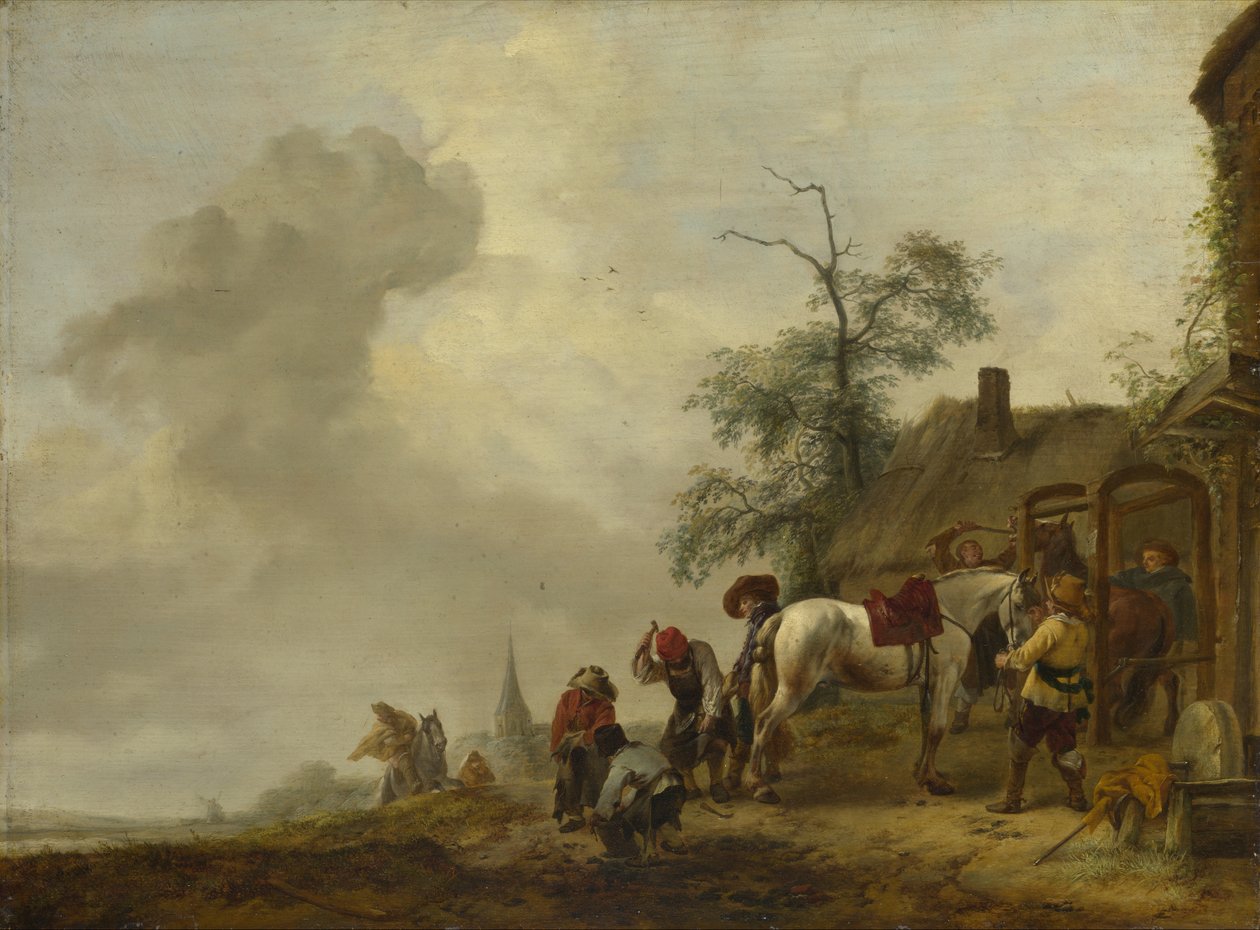 村のスミシーの外で飼育されている馬 作： Philips Wouwerman