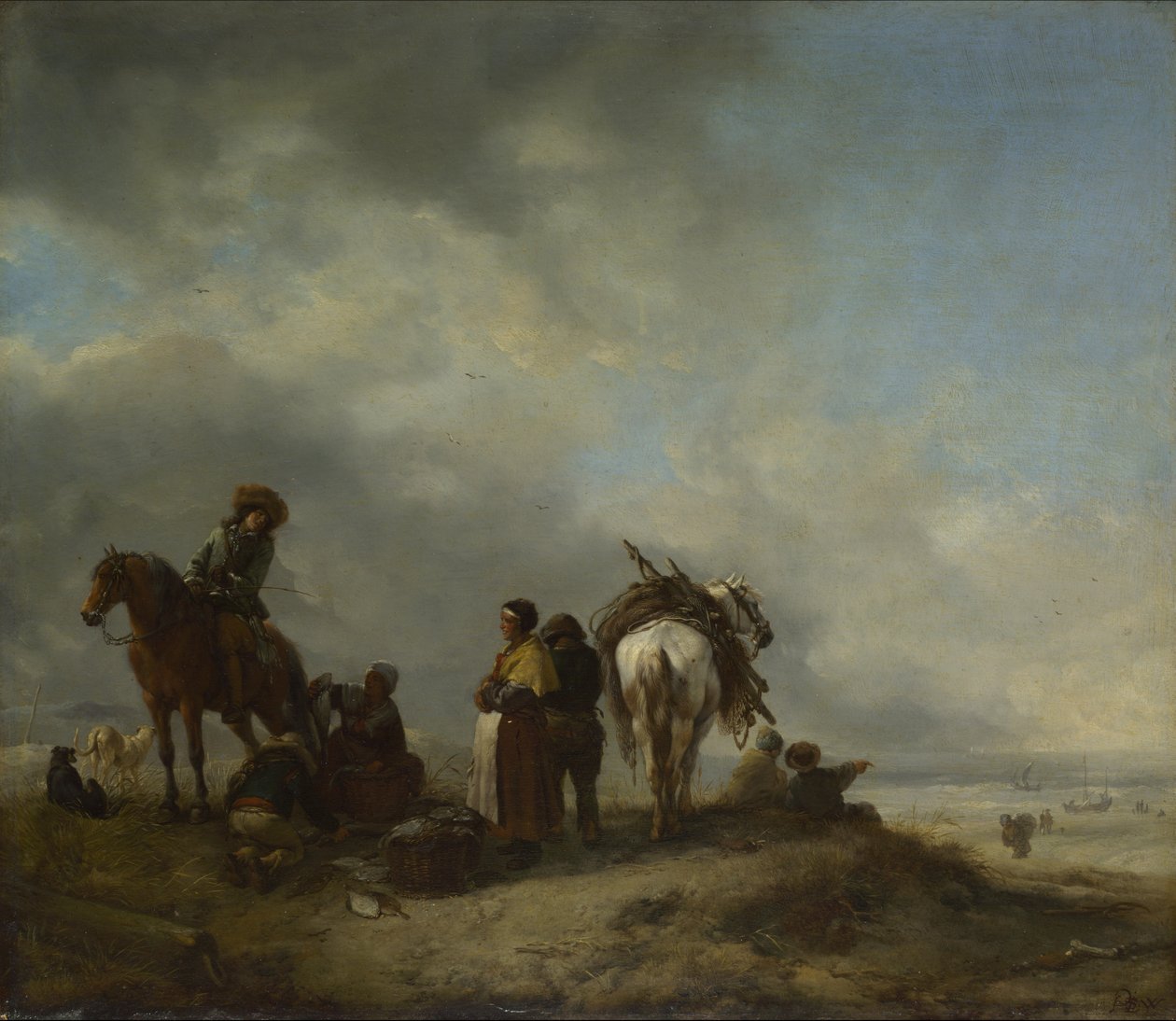 騎手に魚を提供する魚介類のいる海岸の眺め 作： Philips Wouwerman