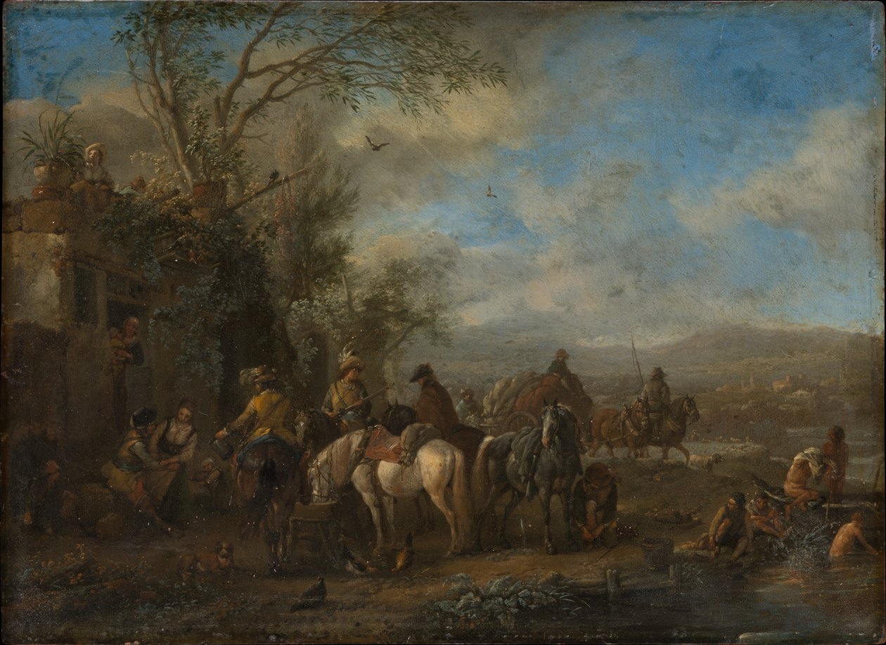 宿屋の前の武装した騎手たち 作： Philips Wouwerman