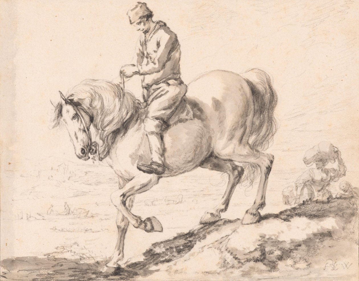騎手が馬とともに小川を渡る 作： Philips Wouwerman