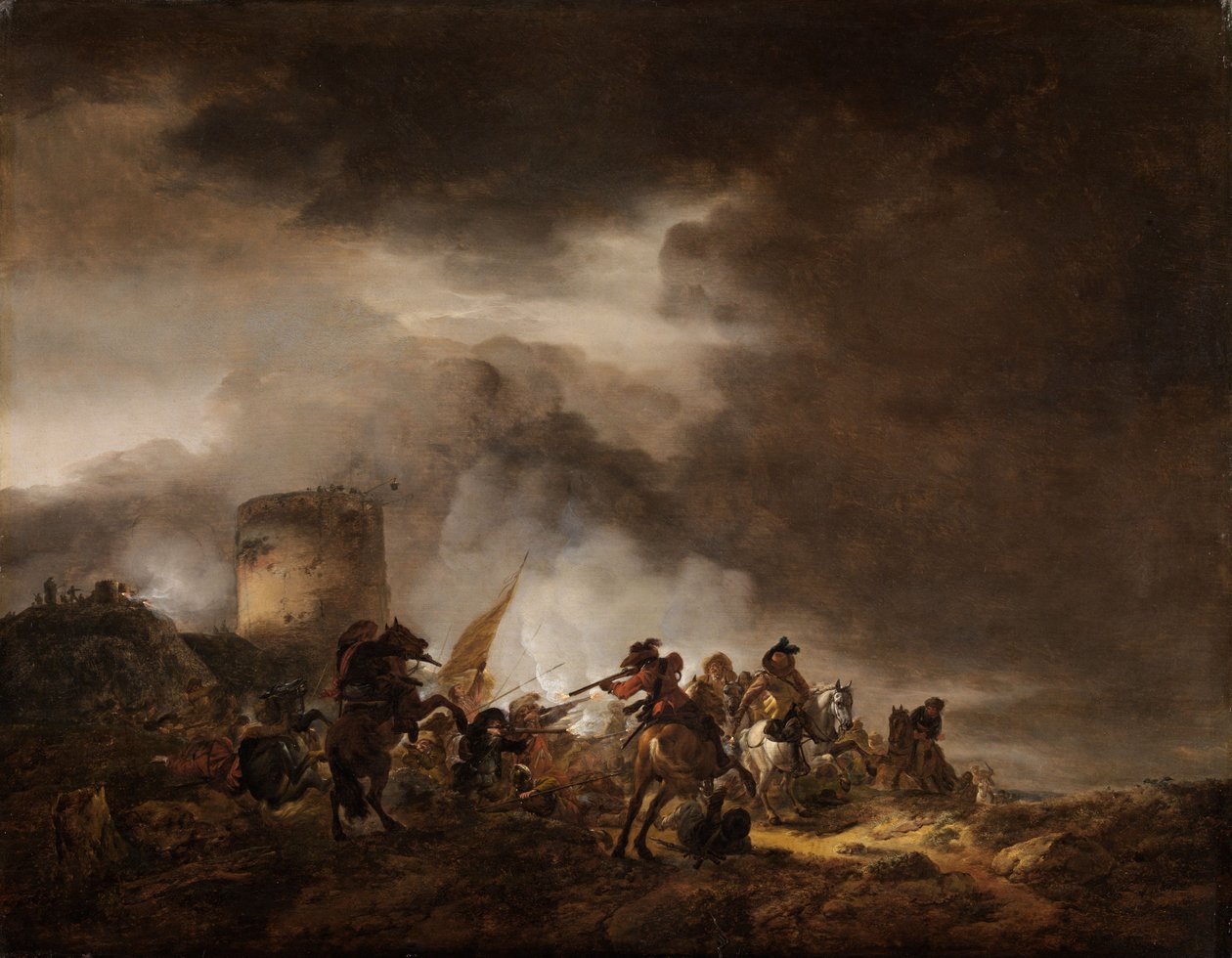 要塞の前で繰り広げられた騎兵と歩兵の戦い 作： Philips Wouwerman