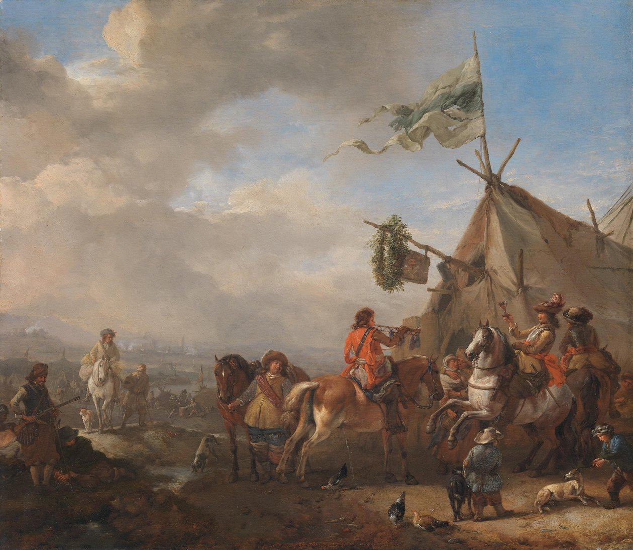市場商人の屋台に集まる騎兵たち 作： Philips Wouwerman