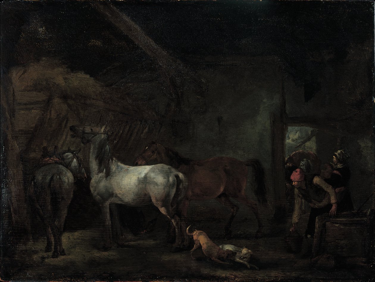 3頭の馬が飼われている厩舎 作： Philips Wouwerman