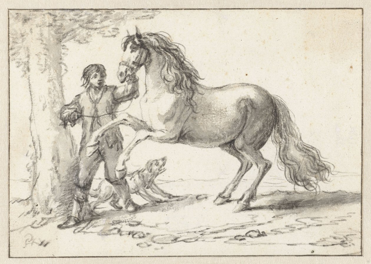 吠える犬に怯えて、手綱で飼育馬を保持している若い男 作： Philips Wouwerman