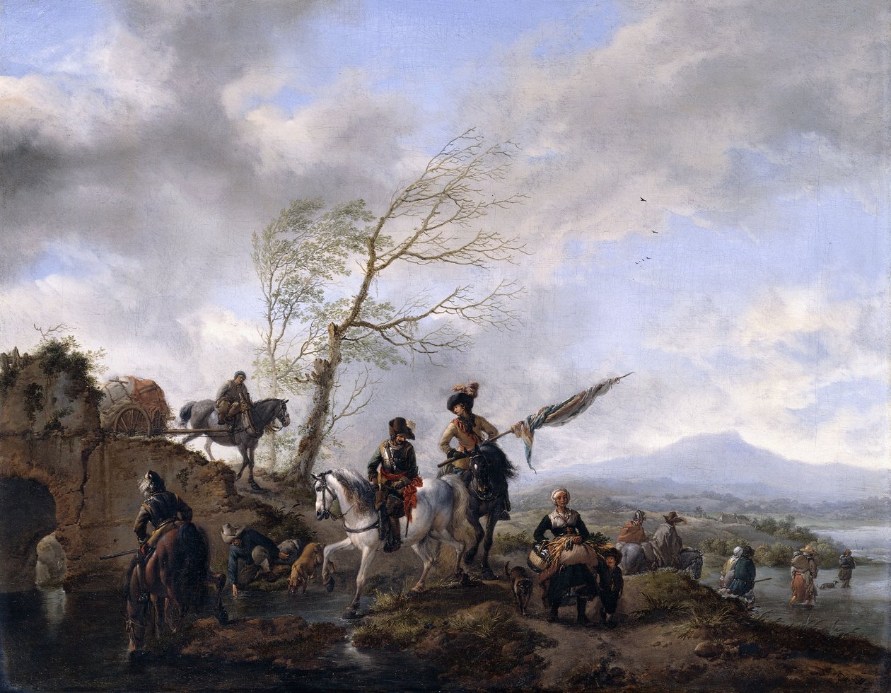 兵士と彼らの馬に水をまく標準的な無記名人がいる広大な川の風景、 作： Philips Wouwerman