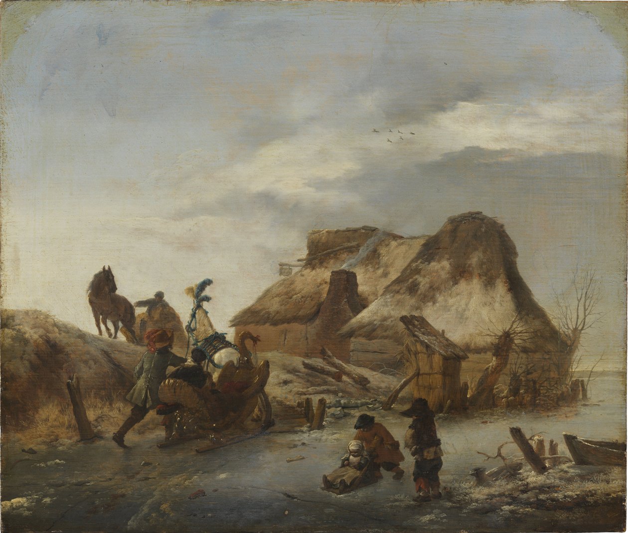 Un noble en traineau sur la glace - 貴族の氷上のそり、Wouwerman, Philips (1619-1668)作。木に油彩、1646年頃。寸法：36x43 cm。ストックホルム国立博物館 作： PhilipsWouwermansまたはWouwerman