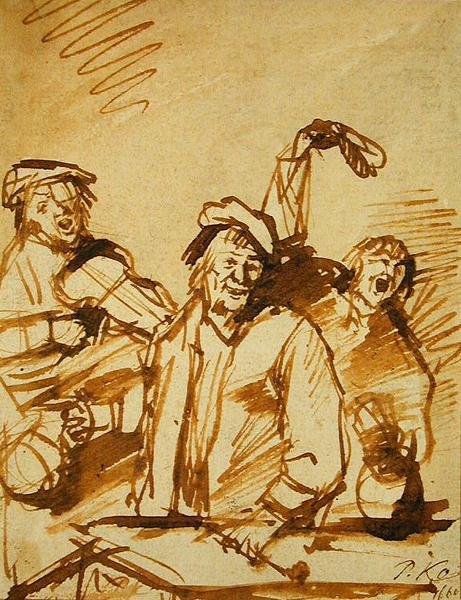 3人の陽気な青年、1660年（紙にペンと茶色のインク） 作： フィリップス・デ・コニンク
