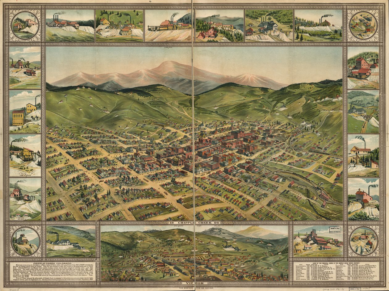クリップル クリーク、1896 年。 作： Phillips and Desjardins Western Lithograph Co.