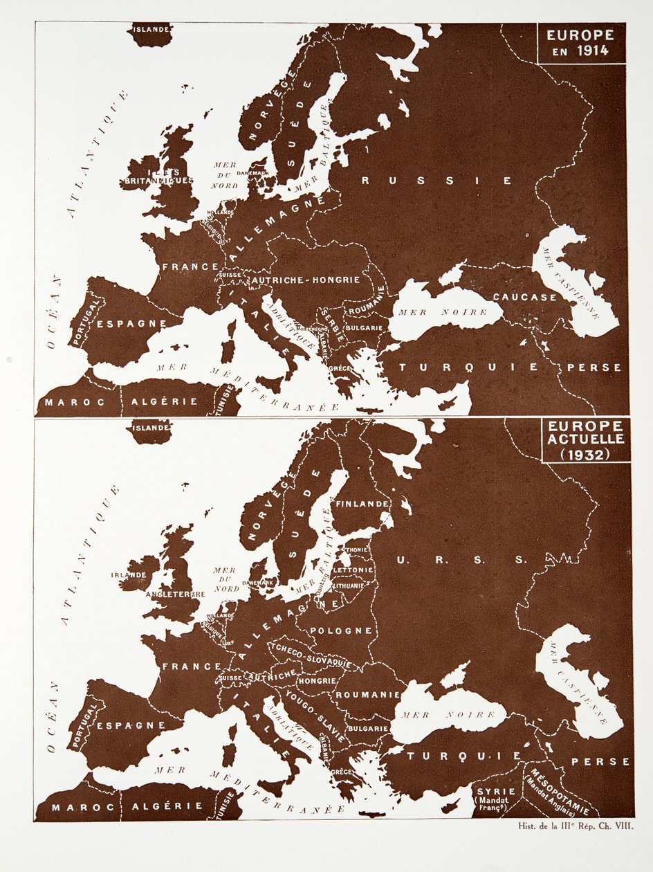 1914年のヨーロッパと1932年のヨーロッパの地図、『Histoire de la Troisieme Republique, Vol.1, Political History』（1933年刊）より（カラーリトグラフ 作： 写真家フランス人