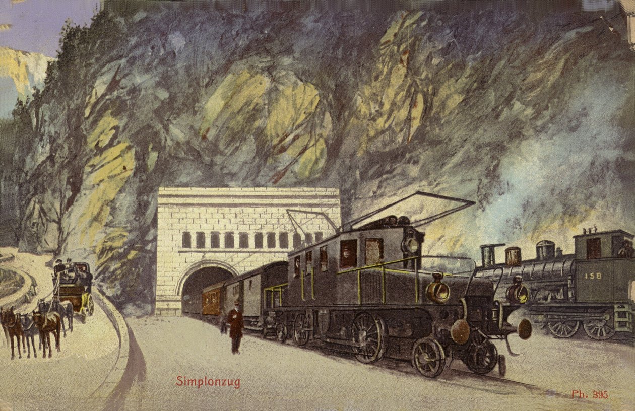シンプロントンネル入り口の列車（カラー写真） 作： 写真家 スイス
