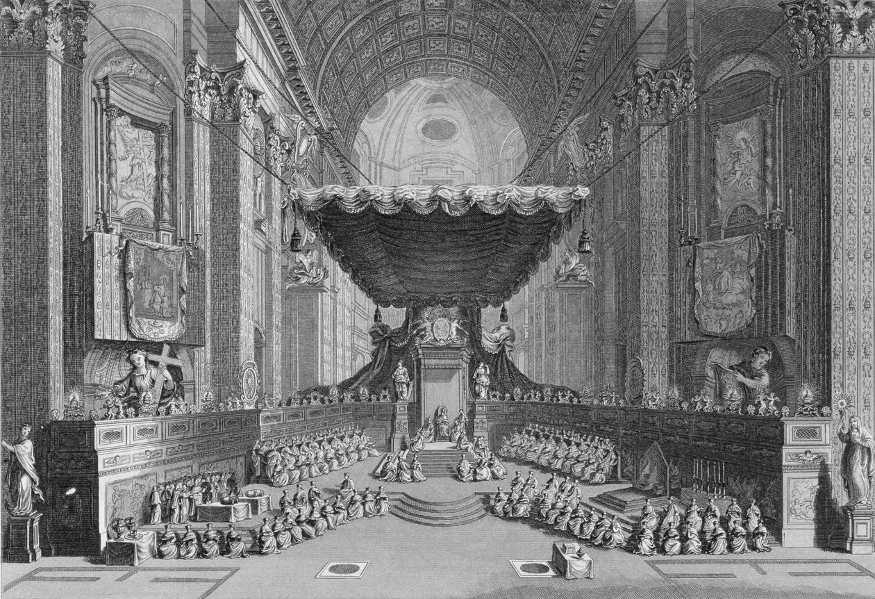 1712年にローマの聖ペテロ教会の聖人の聖典化、T。ブラウンによって「世界の宗教」からA. Fullarton und Co.によって出版された彫刻 作： ピカール