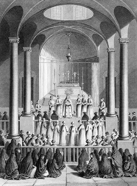 アルメニア教会による礼拝、T.ブラウンの彫刻、A.Fullarton & Co.発行の「World Religion」より。(エングレーヴィング) 作： Picart（後）