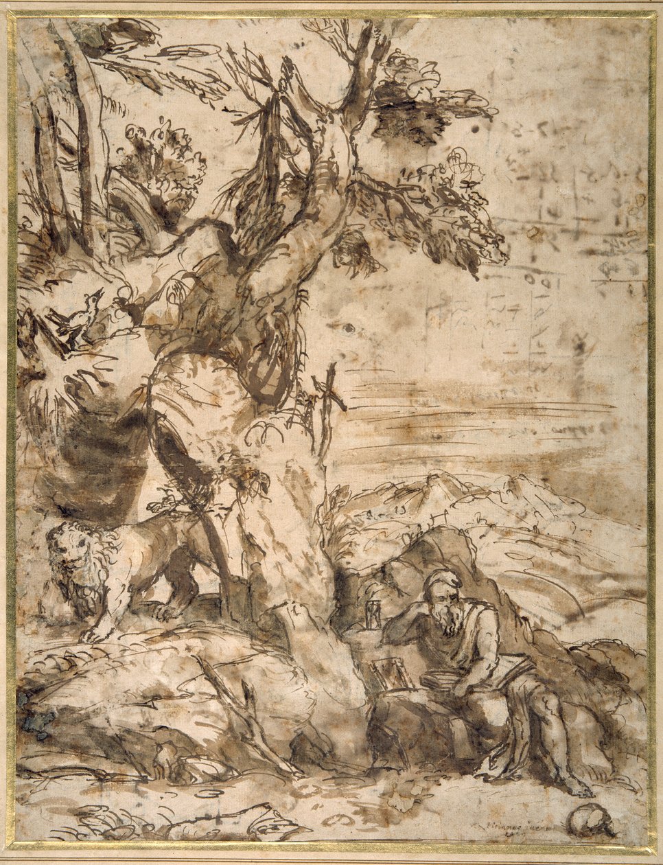 荒野で読書する聖ジェローム、ティツィアーノ（c.1488-1576）の後（クリーム色の敷き紙にリードペンと茶色のインク、茶色のウォッシュ）。 作： ピアフランチェスコモラ