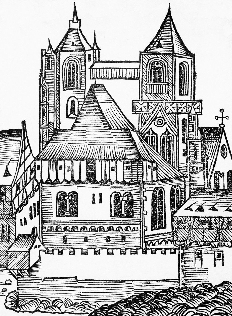 モンテカッシーノ修道院、ドイツの木版画、Hartmann Schedelによるニュルンベルク・クロニクル（Liber Chronicarum）より 作： ブレーズ・ニコラ・ル・スール