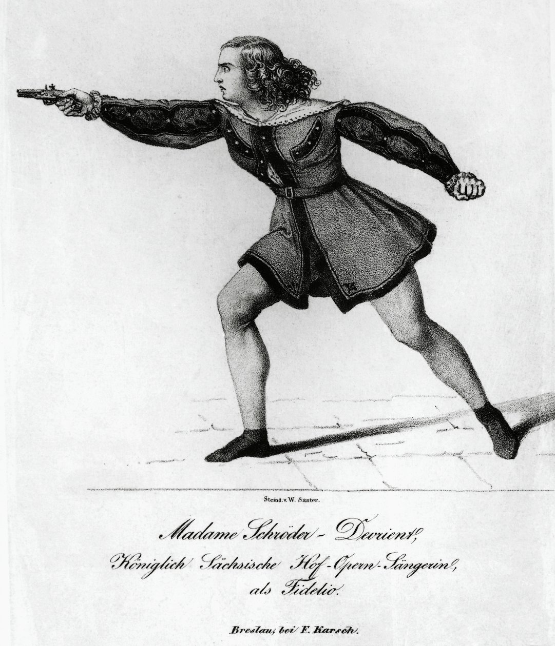 ルートヴィヒ・ヴァン・ベートーヴェン（1770-1827）の『フィデリオ』のレオノーラ役を演じるドイツ人ソプラノ、ヴィルヘルミーネ・シュローダー＝デヴリエント（1804-1860）の肖像、エングレーヴィング 作： ブレーズ・ニコラ・ル・スール