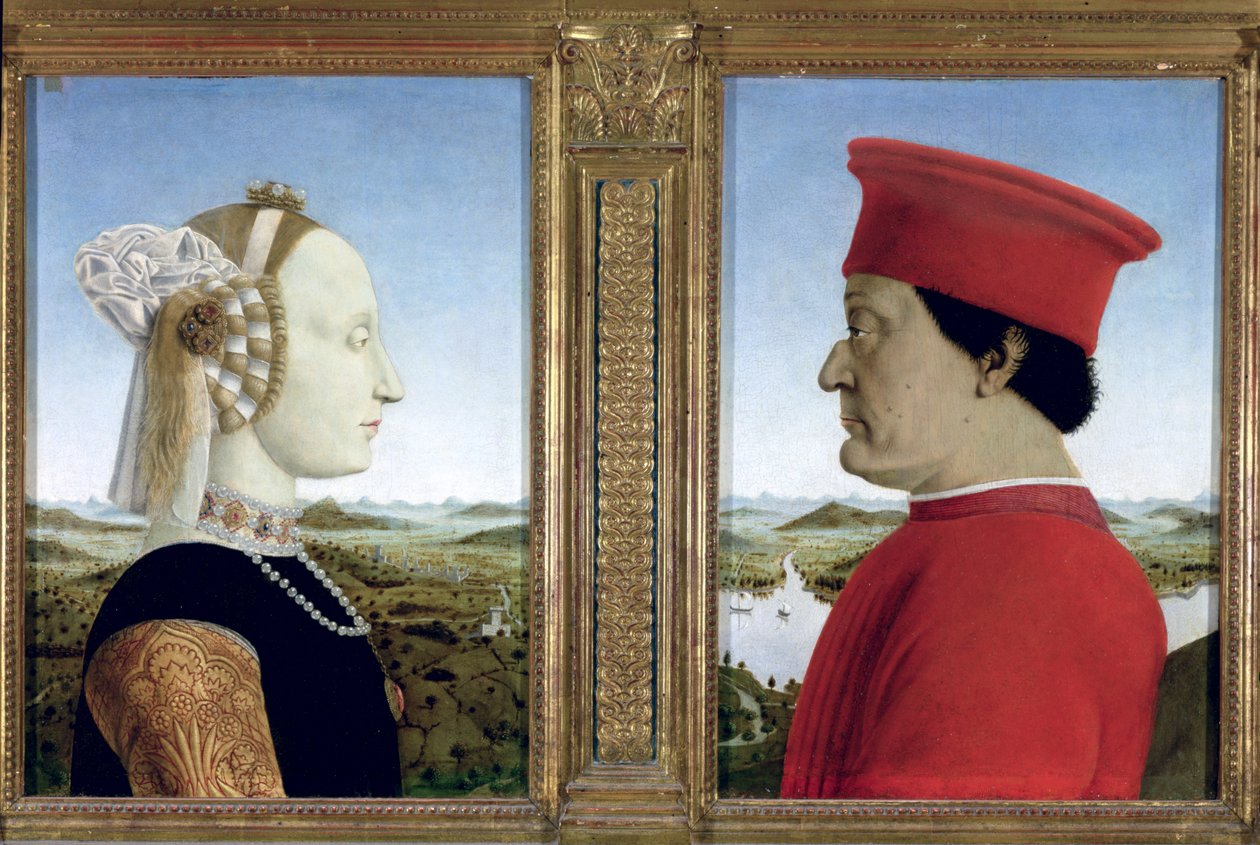 フェデリコダモンテフェルトロ公爵（1422-82）とバッティスタスフォルツァの肖像画、1465年頃（パネル上のテンペラ）（95420も参照） 作： ピエロ・デラ・フランチェスカ