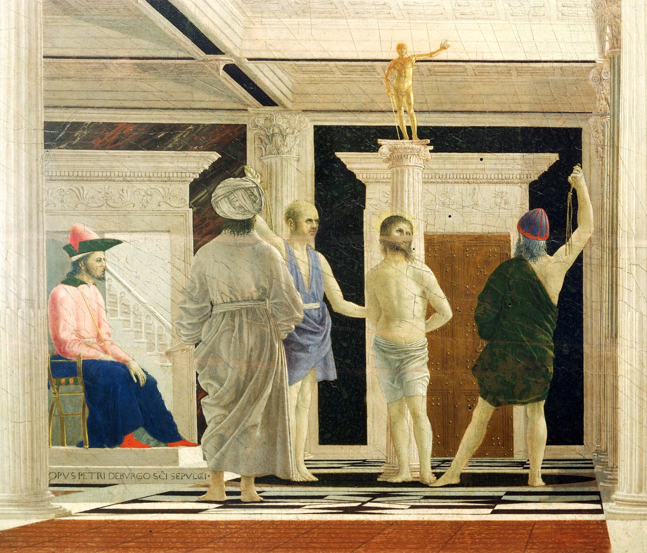 Flagelação de Cristo de Piero della Francesca (1412-1492), Têmpera sobre painel, 58x81,5 cm, detalhe 作： ピエロ・デラ・フランチェスカ