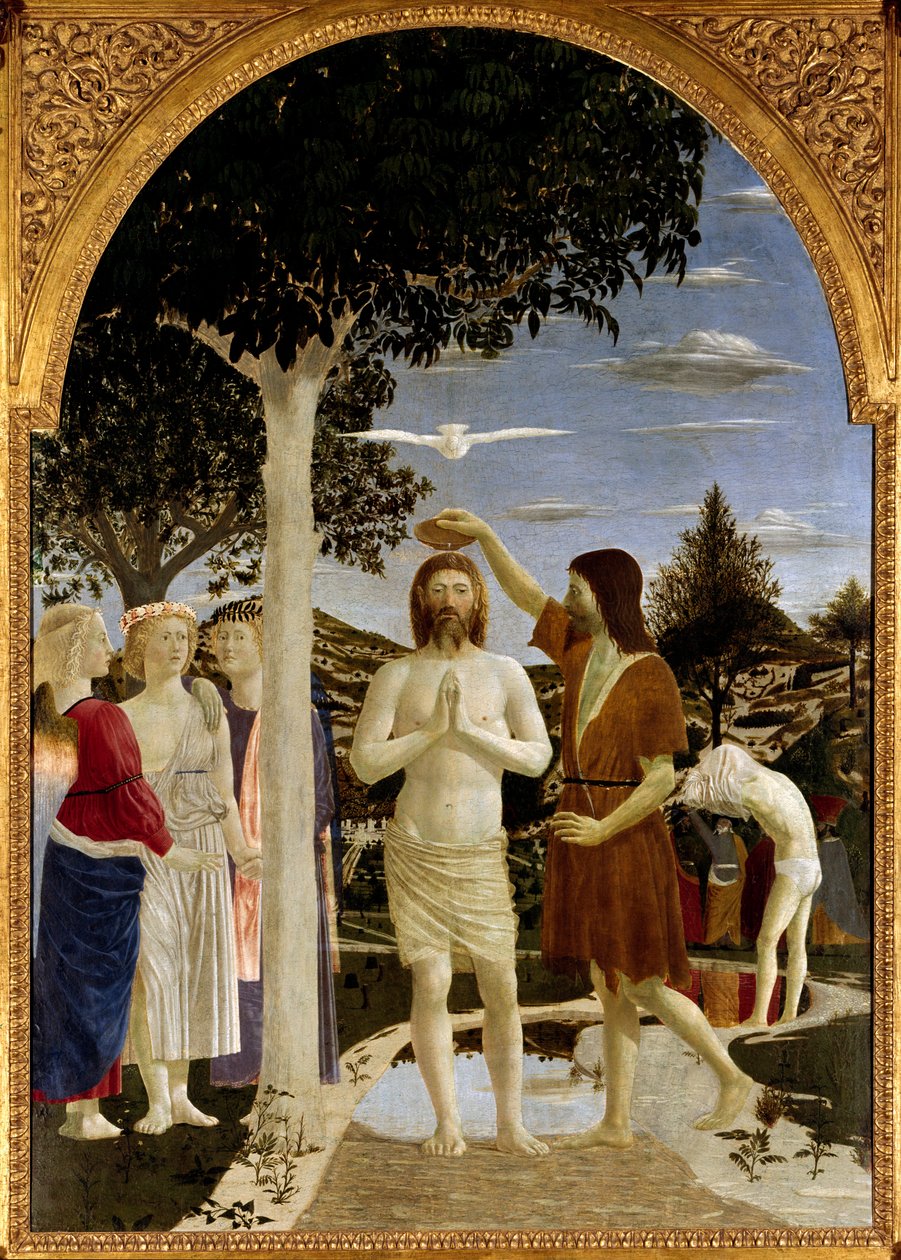 Die Taufe Christi Johannes der Täufer tauft Jesus, während ein anderer Mann hinter ihm sich ebenfalls auf die Taufe vorbereitet. Der Heilige Geist über Christus in Form der Taube und die Jünger links beobachten die Szene. Fresko von Piero della Francesca ( von Piero della Francesca