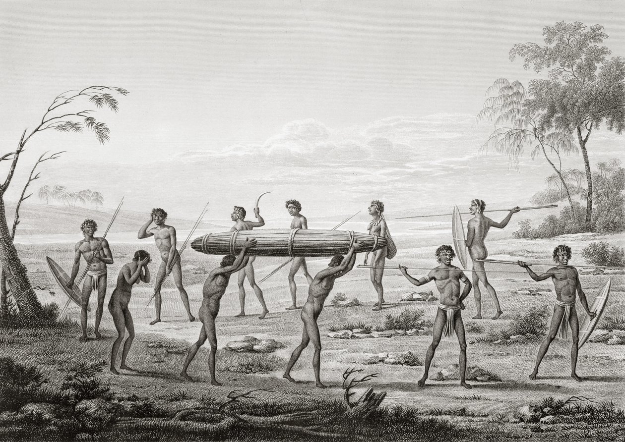 ポートジャクソン、ニューオランダ：アボリジニの埋葬儀式、「航海Autour du Monde（1817-20）」から、ルイクロードデソーレスドフレシネ（1779-1842）、ルルージュとヴィルレーによって刻まれた、1822年から2422年（ 作： ピエール・アントワーヌ・マルシェ