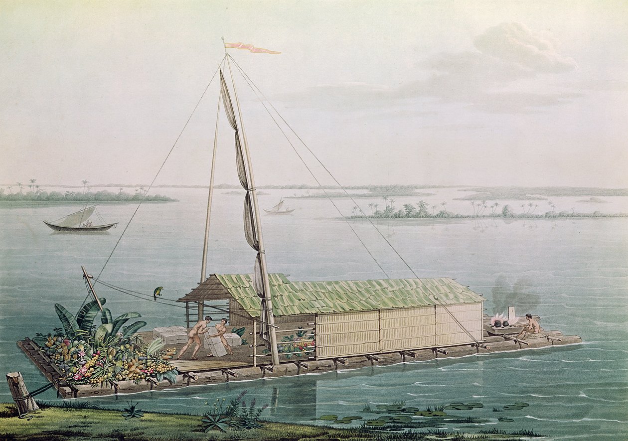 1814年に出版されたミシェルブーケ（1807-90）によって刻まれたアレクサンドルデフンボルト（1769-1859）による「航海aux地域Equinoxiales du Nouveau大陸」からのグアヤキル川のいかだ（色付きの彫刻） 作： ピエール・アントワーヌ・マルシェ