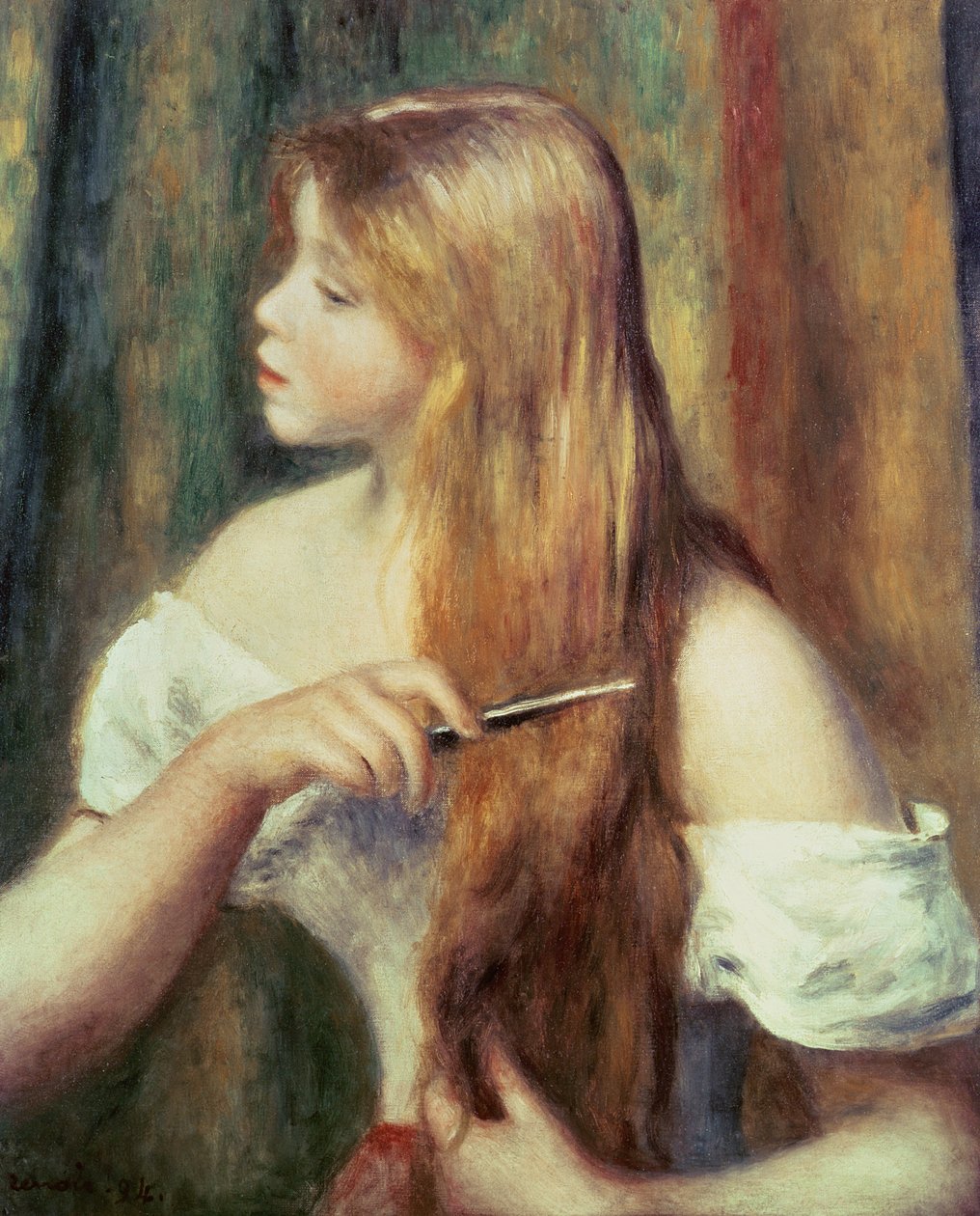 髪をとかすブロンドの女の子、1894 作： ピエールオーギュストルノワール