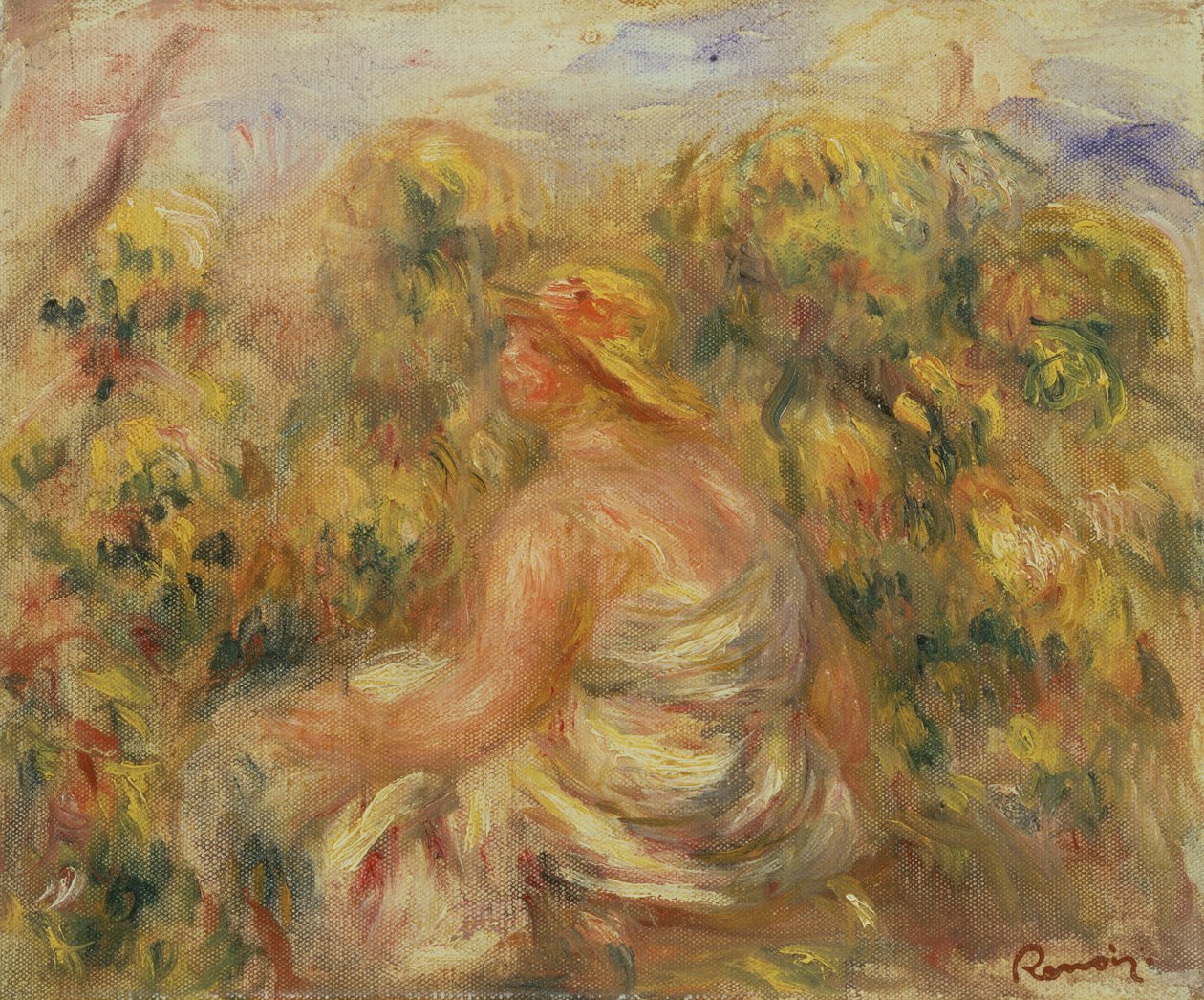 風景の中の帽子の女c.1918 作： ピエールオーギュストルノワール