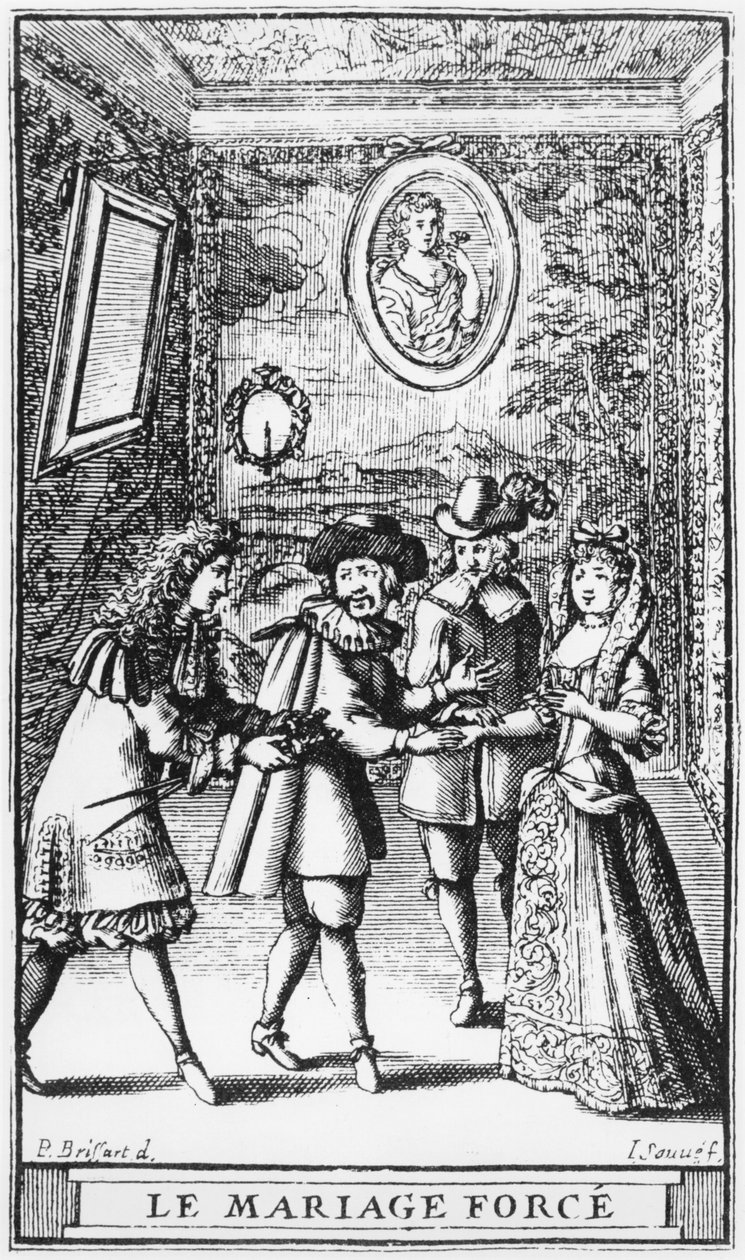 モリエールの「ルマリアージュフォース」の前絵のイラスト、ジャン・ソーヴ（fl.1660-91）c.1664 作： ピエール・ブリサール