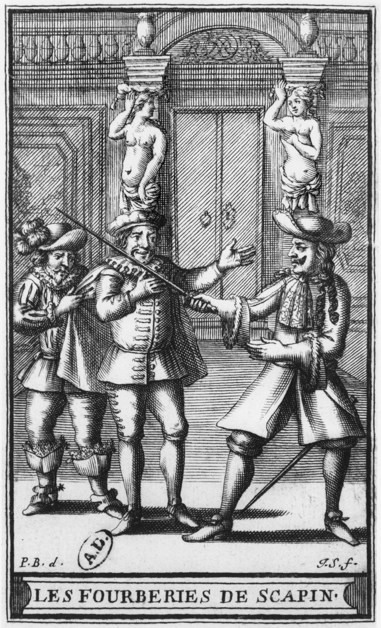 モリエールの「Les Fourberies de Scapin」の正面図のイラスト、Jean Sauve（fl.1660-91）c.1671 作： ピエール・ブリサール