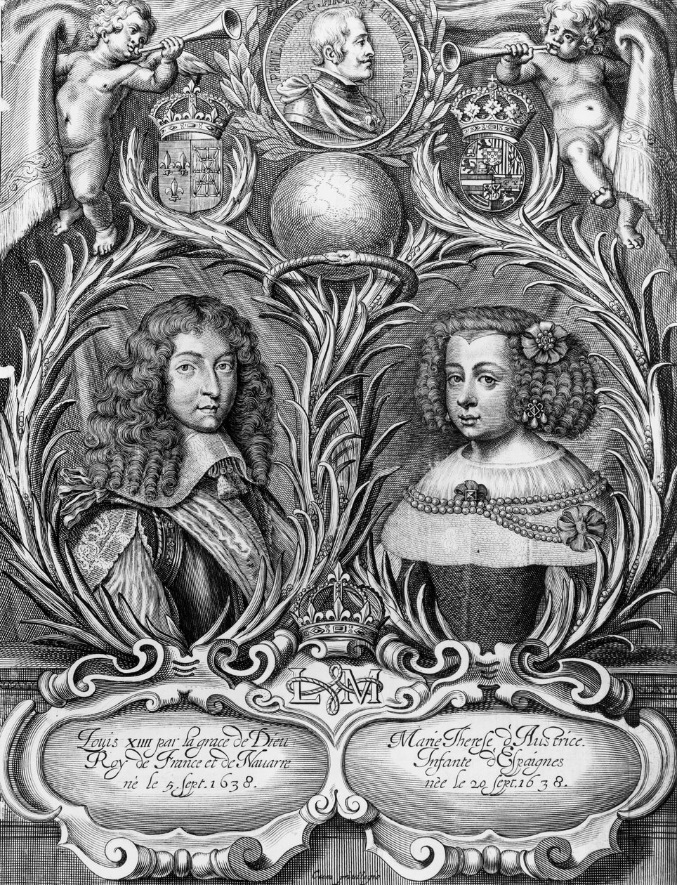 ルイ14世（1638年〜1715年）、フランス国王、オーストリアのマリー=テレーズ（1638年〜83年）、ピーター2世（1606-p.1674）、1660年に彫刻 作： ピエール・コカス