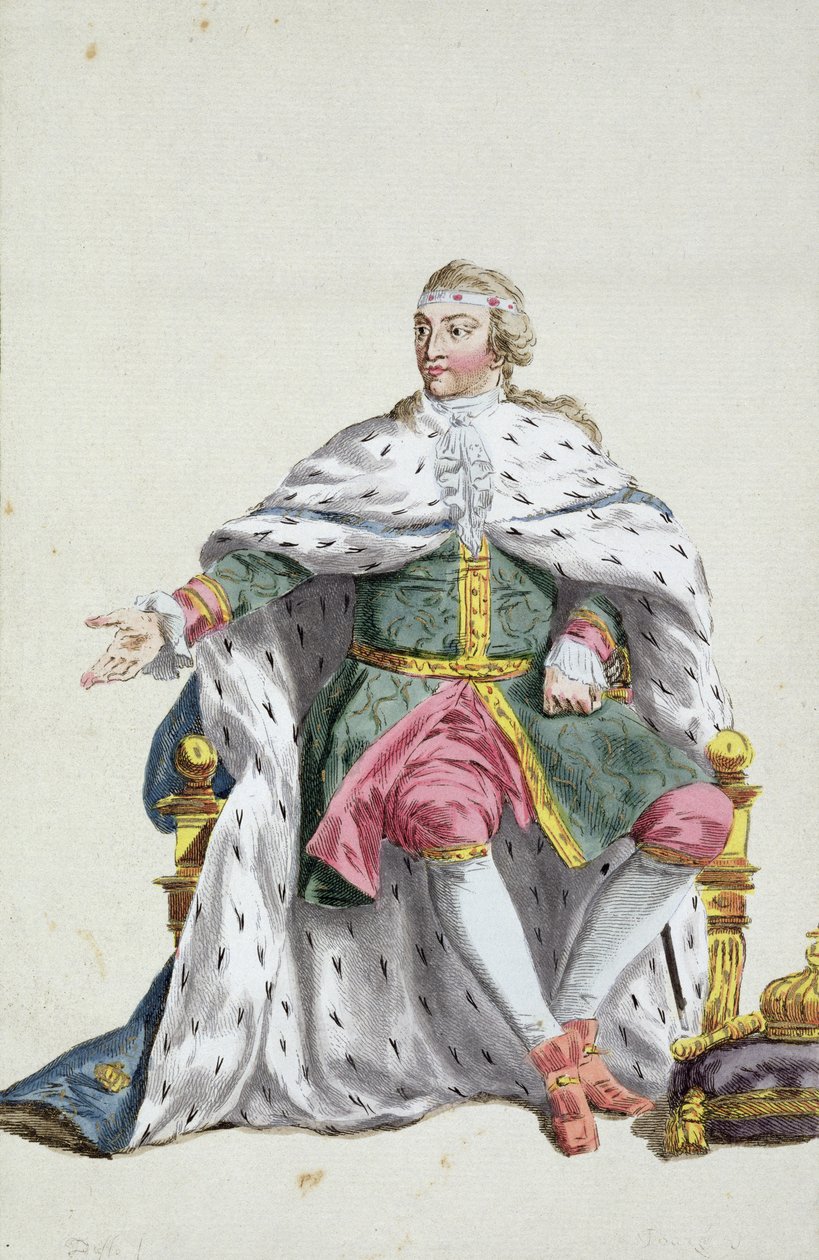 チャールズ12世（1682-1718）「すべての現存する国のコスチュームによる、ランクとディグナイトを表す版画コレクション」のスウェーデン国王、1780年発行（手塗りの彫刻 作： ピエール・デュフロス
