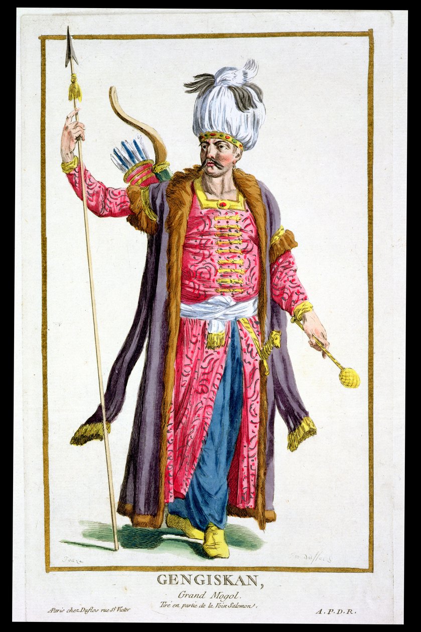 ジンギスカン（c.1162-1227）の「現存するすべての国のコスチュームによる、階級とディグナイトを表す版画コレクション」の1780年発行（手塗りの彫刻） 作： ピエール・デュフロス