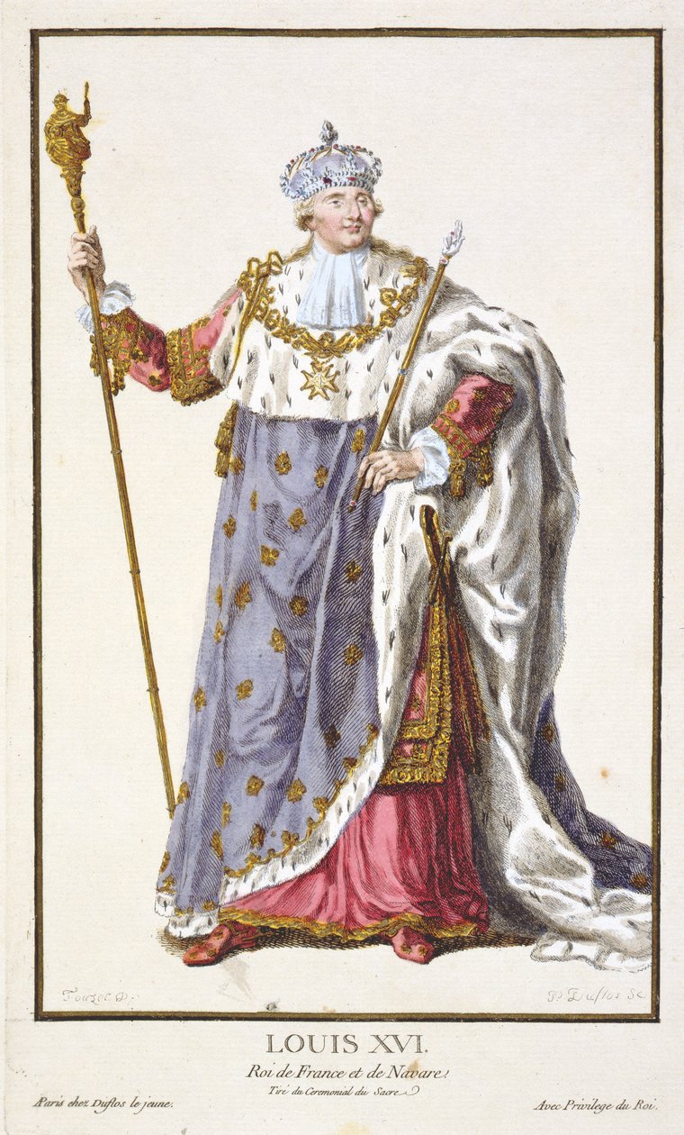 ルイ16世（1754-93）フランスの王（1774-92）の「現存するすべての国のコスチュームによれば、ランクとディグナイトを表すレセイルデエスタンプ」、1780年に出版 作： ピエール・デュフロス