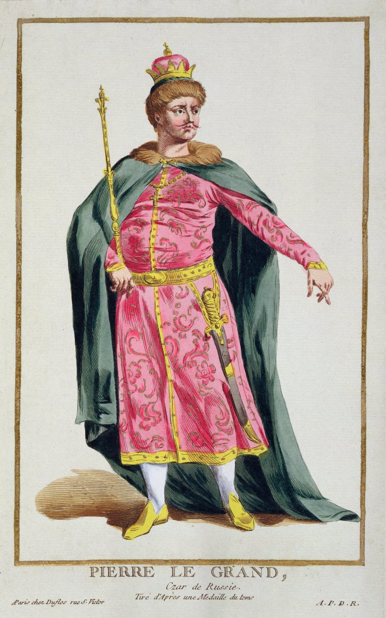 1780年の世界のさまざまな衣装を描いたプレートのコレクションからの大帝、ロシア帝国（1672-1725）のピーター1世の肖像画（金色の手彫りの銅彫刻） 作： ピエール・デュフロス