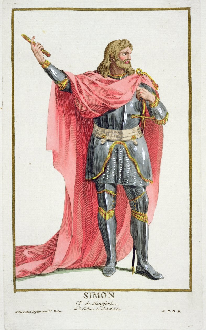「現存するすべての国のコスチュームによる、階級とディグナイトを表す版画集」のSimon de Montfort（c.1165-1218）が1780年に公開（手彩色の彫刻） 作： ピエール・デュフロス