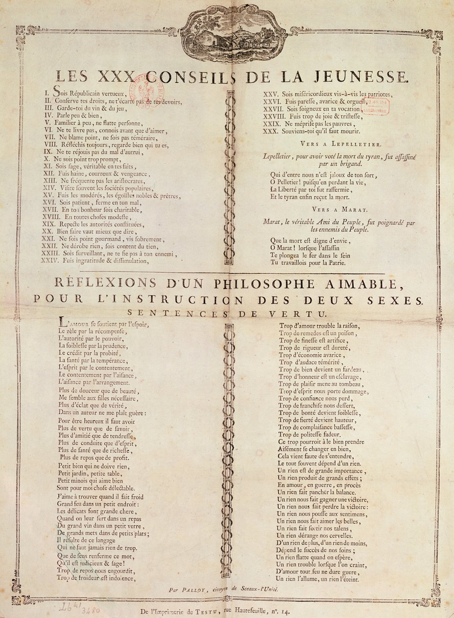 若者のための30のアドバイス：両性の教育のための哲学者の反射、1794（印刷） 作： ピエール・フランソワ・パロイ