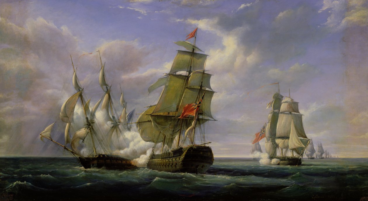 1806年4月21日、1835年、フランスのフリゲート艦「ラキャノンニエール」とイギリスの船「The Tremendous」の間の戦闘 作： ピエール・ジュリアン・ギルバート