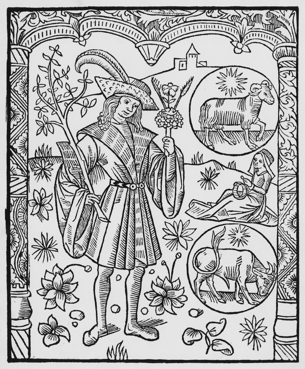 4月、花、牡羊座、 &39;Almanach des Bergers&39;のイラスト、1491（木版画） 作： ピエール・ル・ルージュ