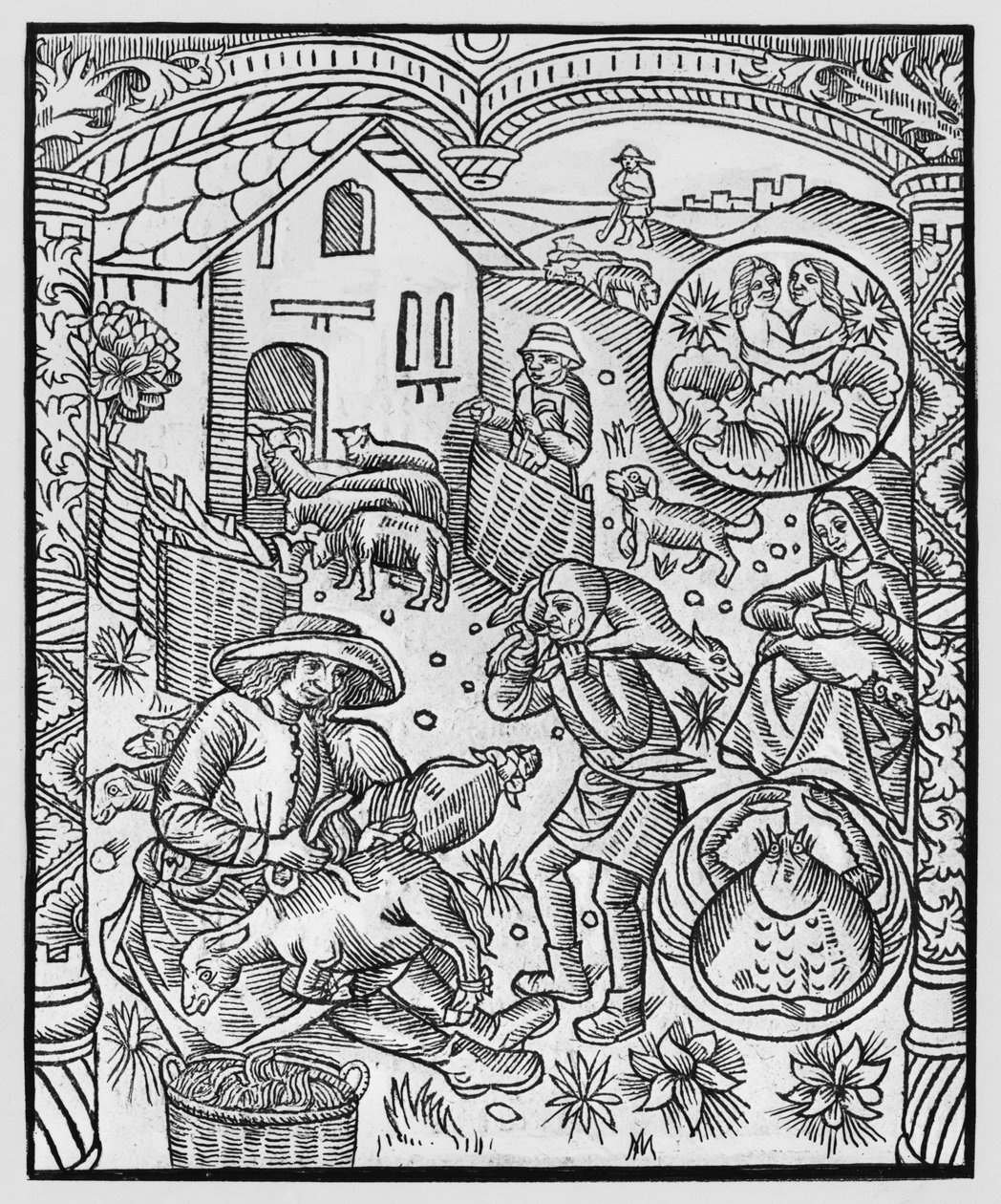 6月、羊の毛刈り、ジェミニ、 &39;Almanach des Bergers&39;からのイラスト、1491年（木版） 作： ピエール・ル・ルージュ