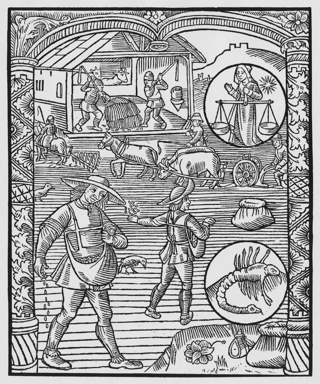 10月、播種、耕作、脱穀、天秤座、 &39;Almanach des Bergers&39;のイラスト、1491年（木版画） 作： ピエール・ル・ルージュ