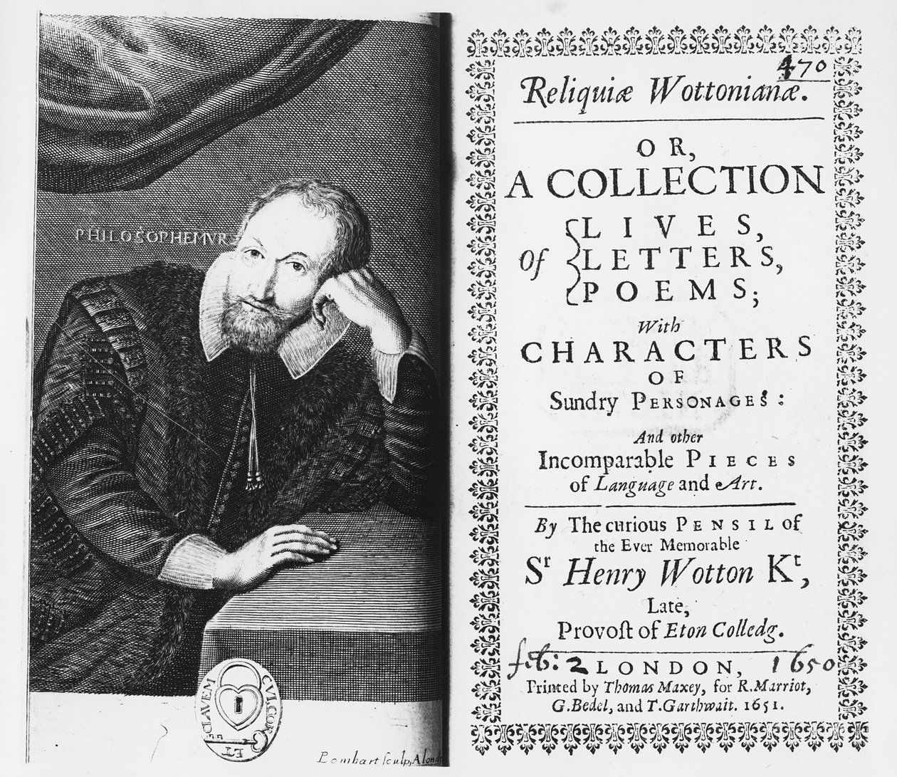 タイトルページと「Reliquiae Wottonianiae」へのフロントピース、1651 作： ピエールロンバードまたはロンバート
