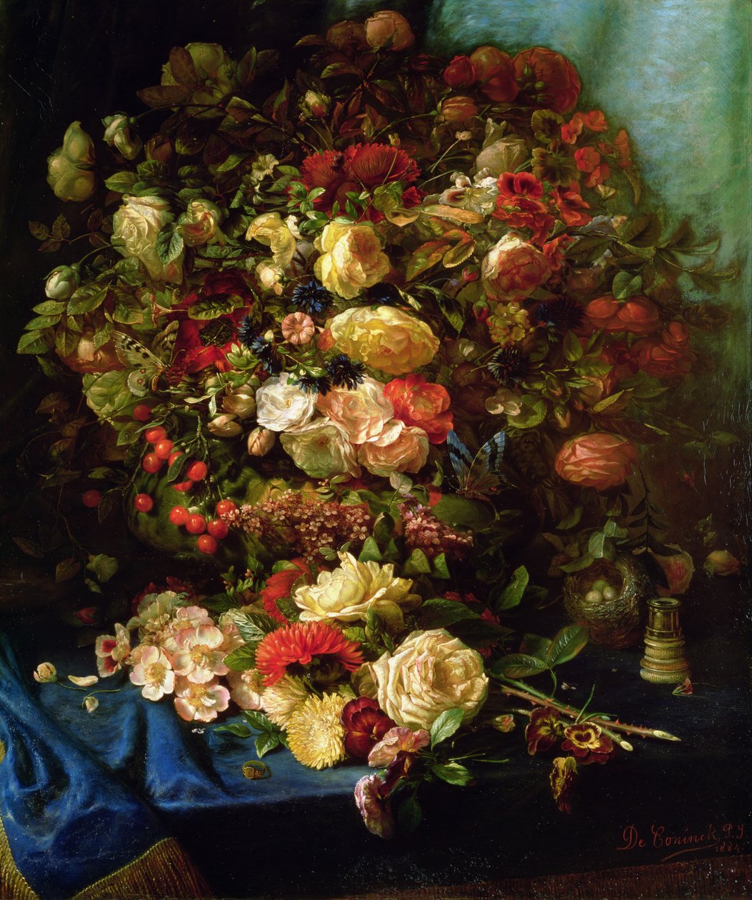 鳥の巣のある棚の上の花の静物、1884 作： ピエール・ルイ・ド・コニンク
