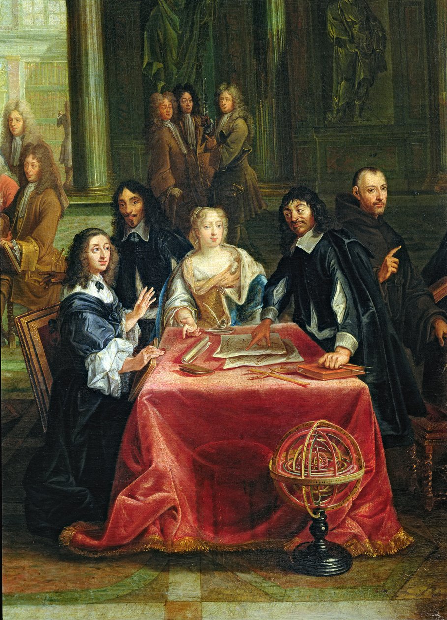 スウェーデンのクリスティーナ（1626-89）と彼女の裁判所：テーブルでの女王とルネデカルト（1596-1650）の詳細（28038を参照） 作： ピエール・ルイ・ザ・ヤンガー・デュメスニル